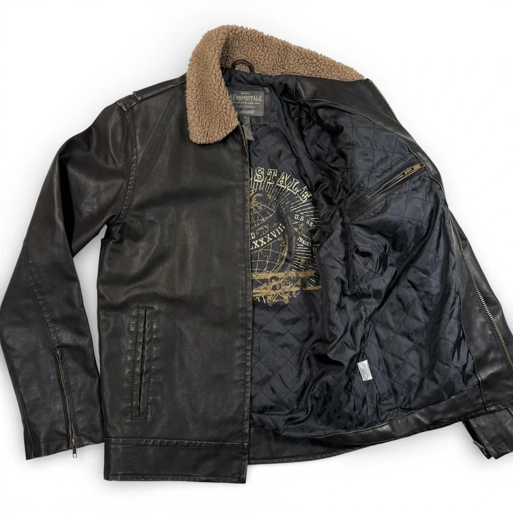 Aeropostale Faux Vegan Leather Jacket Sherpa Collar Brown Mens Small Bomber‎